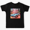 Metallic Color Retro Futuristic Sports Car and Collage Style City Landscape Kids T-Shirt