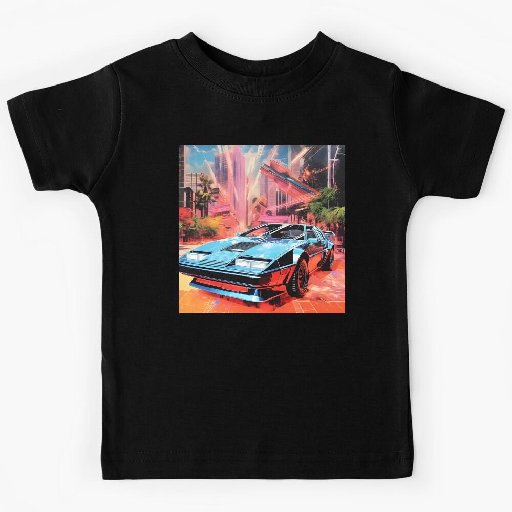 Metallic Color Retro Futuristic Sports Car and Collage Style City Landscape Kids T-Shirt 110