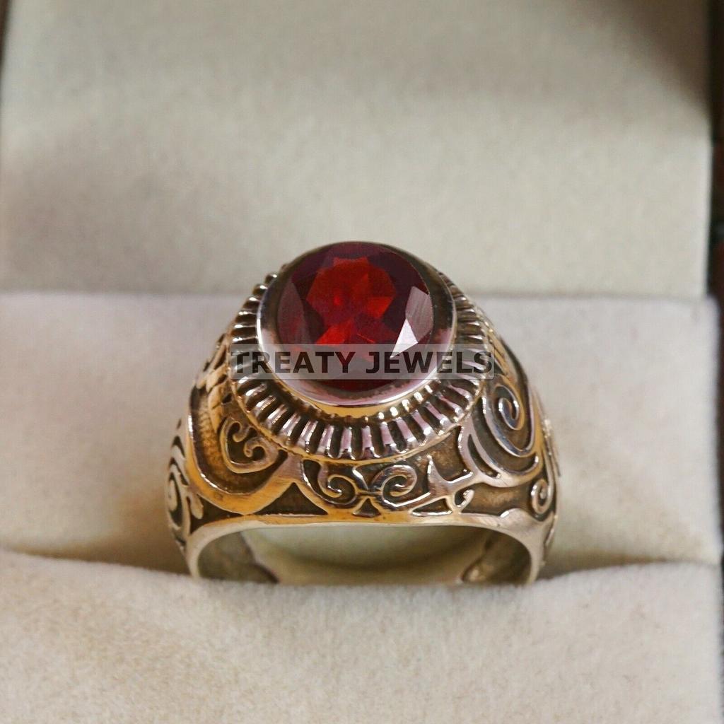 Garnet Oval Cut Gemstone With 925 Sterling Silver Ring For Men's #B70 JL375671367051