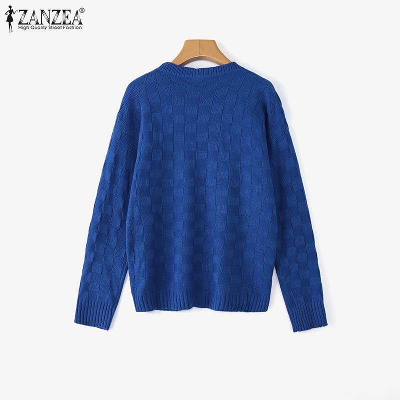 ZANZEA Womens Crew Neck Plaid Texture Casual Knitted Pullovers Sweaters Jumpers