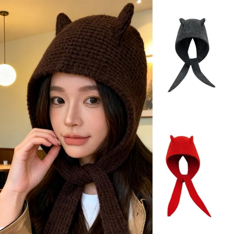 Lovely Devil Ear Knit Hat With Neck Wrap Breathable Pullover Hat For Women Daily Outfit and Outdoor Cycling Walking