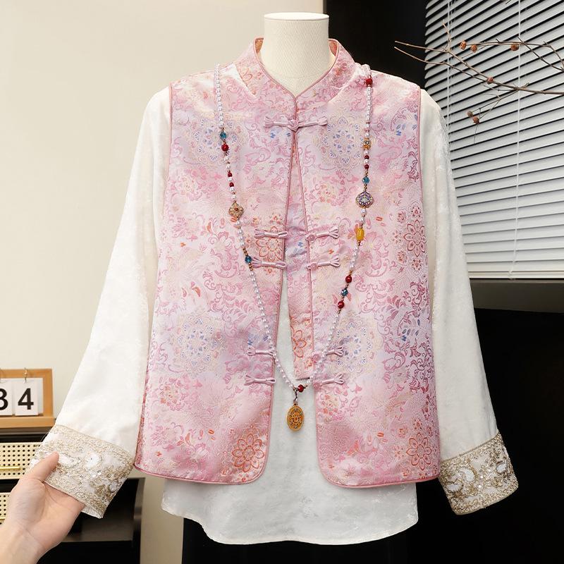 

Mother s New Chinese Style Blue Brocade Jacquard Vest with Frog Button - 2026 Spring Collection, Sleeveless and Elegant 2XL (105-120 jin) розовый