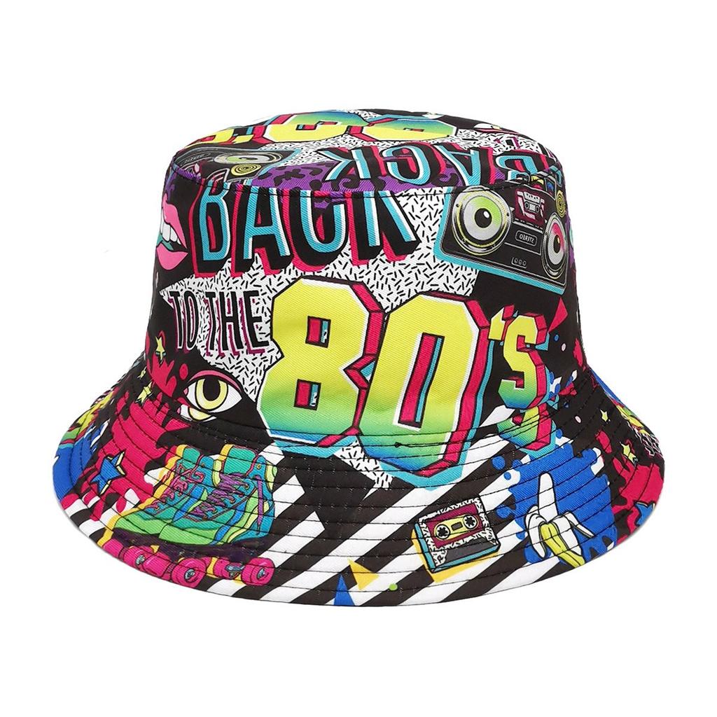 Foldable Bucket Hat Adult 80s 90s Nostalgic Colorful Print Fisherman Hat Fashion Reversible Hat for AllAge Person