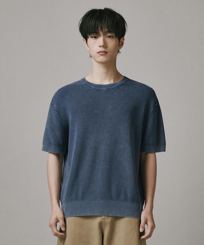 Beodeonteu Pigment Washed Round Neck Knit [Blue]