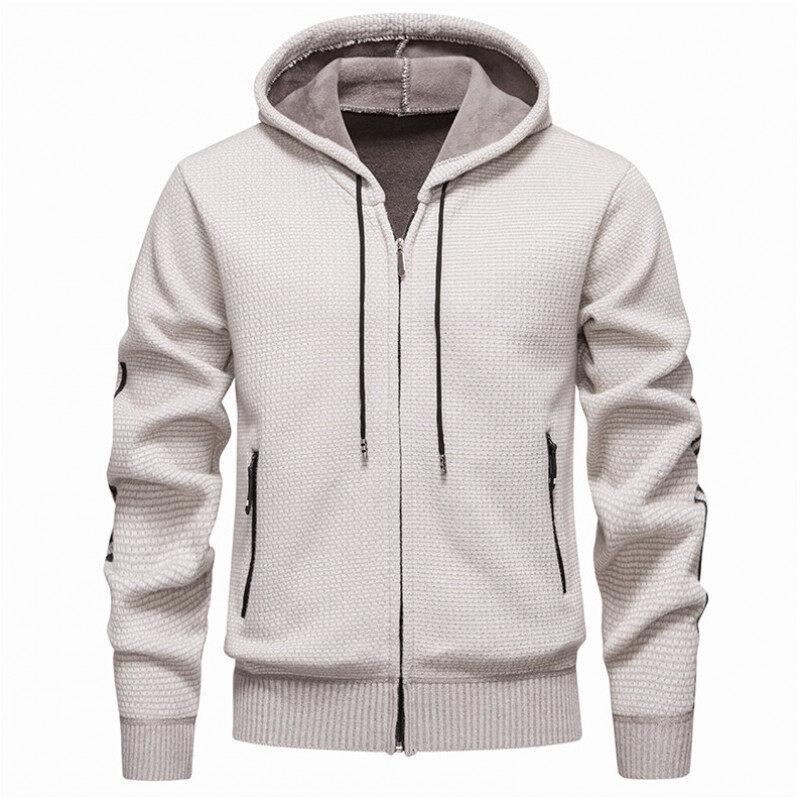 Mens Hoodies Knit Sweater, Full Zip Fleece Lined Cardigan Sweaters Casual Regular Fit Knit Hooded Men Sweater Jacket M бежевый