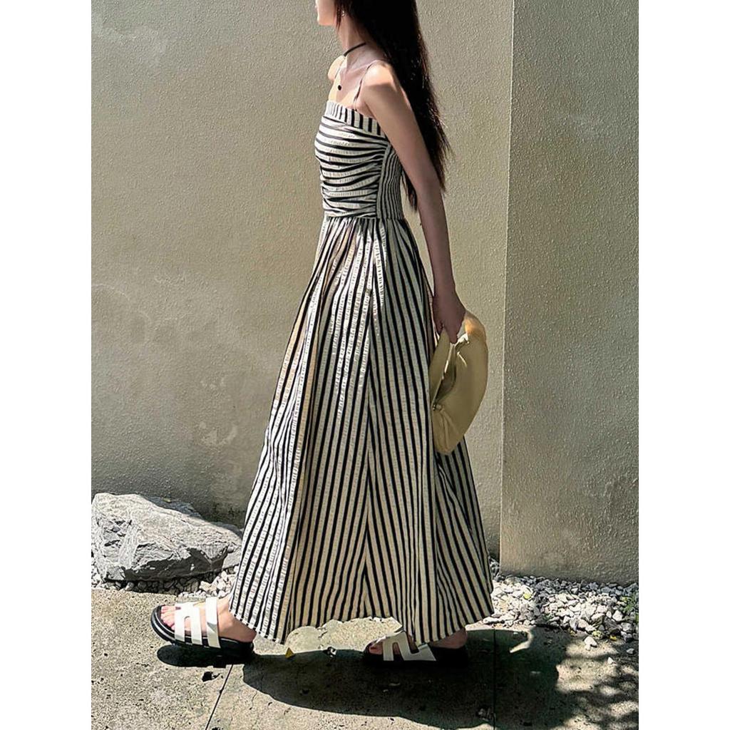 Summer New Striped Suspender Dress for Women, Elegant High Waisted Off Shoulder Maxi Dress, European American Style