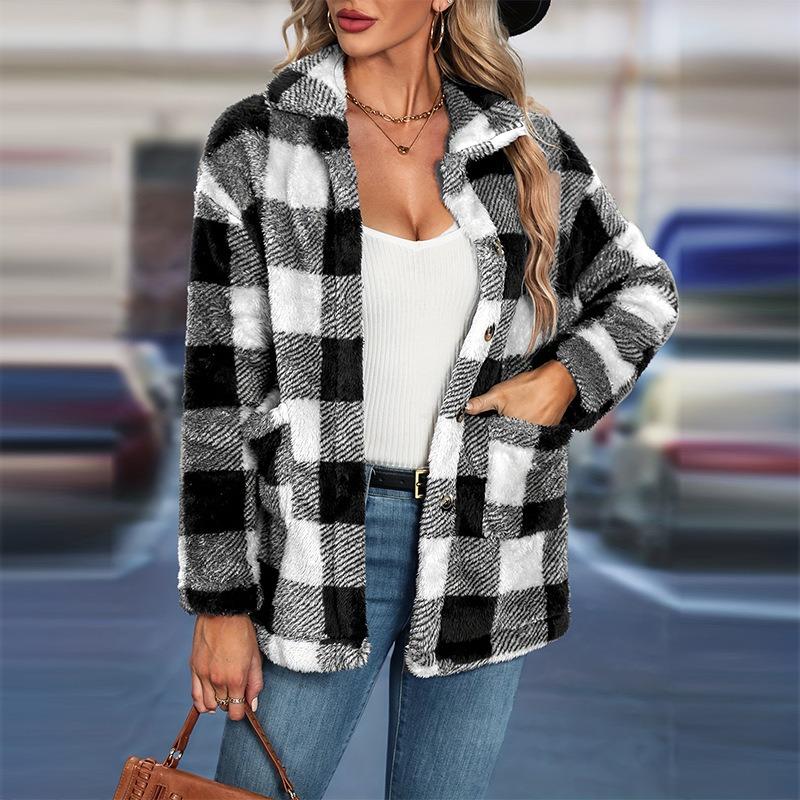 Ladies Temperament Plaid Tweed Jacket Autumn and Winter Loose Long-sleeved Thickened Cardigan Tops
