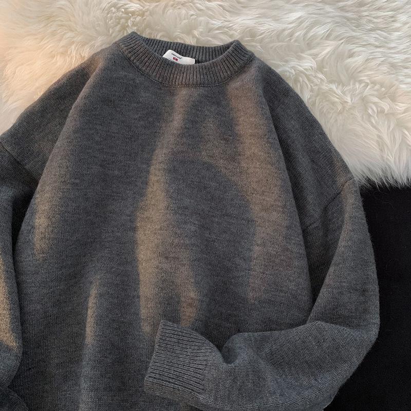 Men's Solid Color Loose Wool Sweater - Autumn/Winter Hong Kong Style, Crew Neck, Casual Versatile Knit.