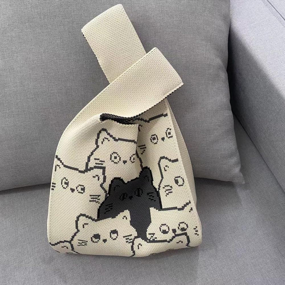 Huimei Knit Bag, Knit Tote Bag, Women's Mini Bag, Handbag with Cat Print, Cute, Compact, Lightweight, Soft, Casual, Sub-Bag (White)