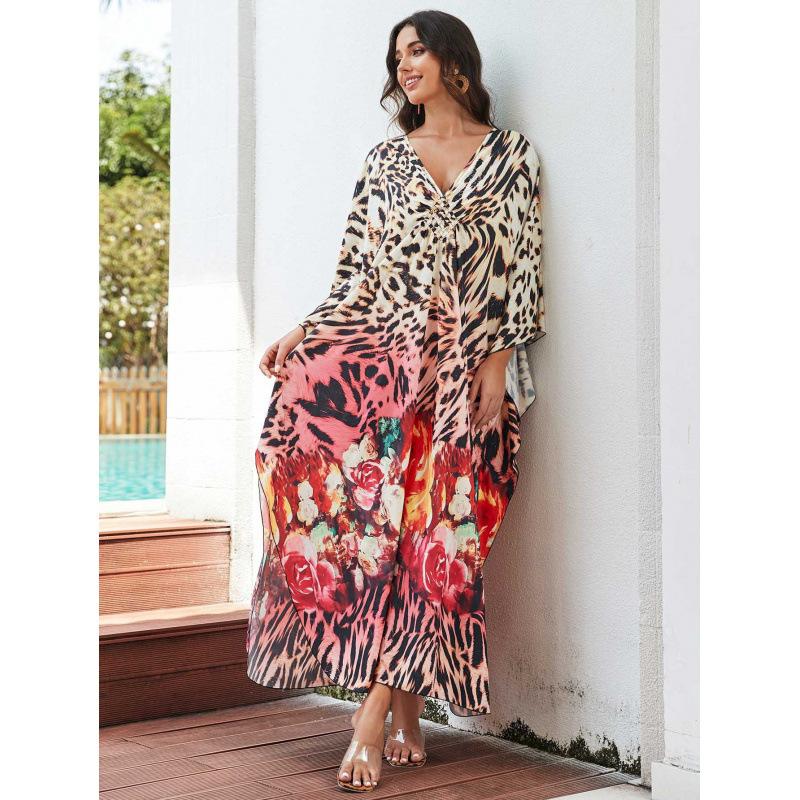 Vacation dress, long robe, loose positioned print beach cover-up, bikini dress