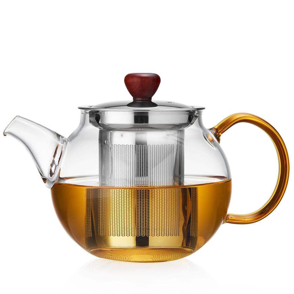 Pokaro Tea Heat-Resistant Glass Teapot, Fine Mesh, with Stainless Steel Strainer, 500ml, Clear, Round, Stovetop-Safe, Stylish Glass Teapot with Amber
