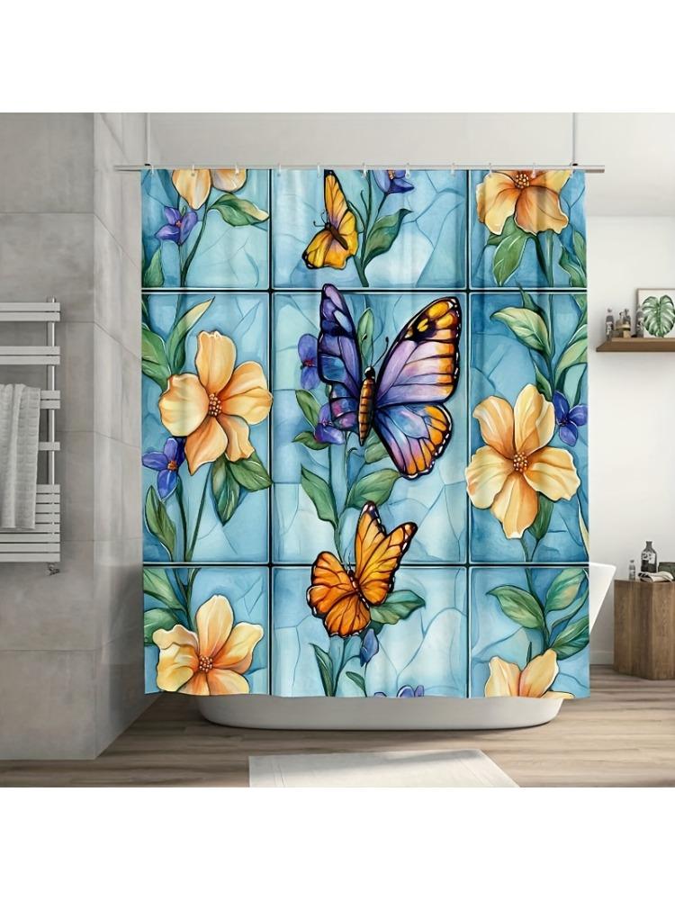 1PC Seamless Stained Glass Pattern Shower Curtain,Durable Polyester Fiber, Easy Clean, for Bathroom, Bathtub, Window Decor