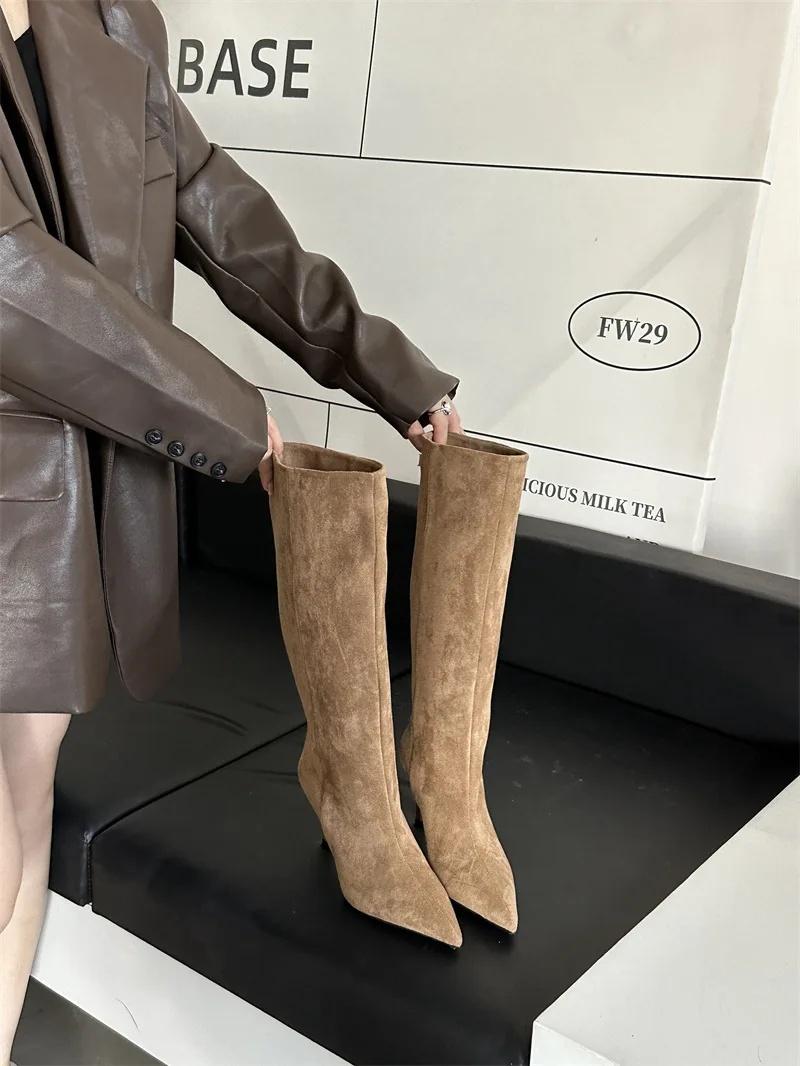 Pointed Toe Slim Fit Long Booties Women s Autumn Winter High Heel Suede Straight Leg Boot over Knee Boots Rubber Sole 35 5090₽