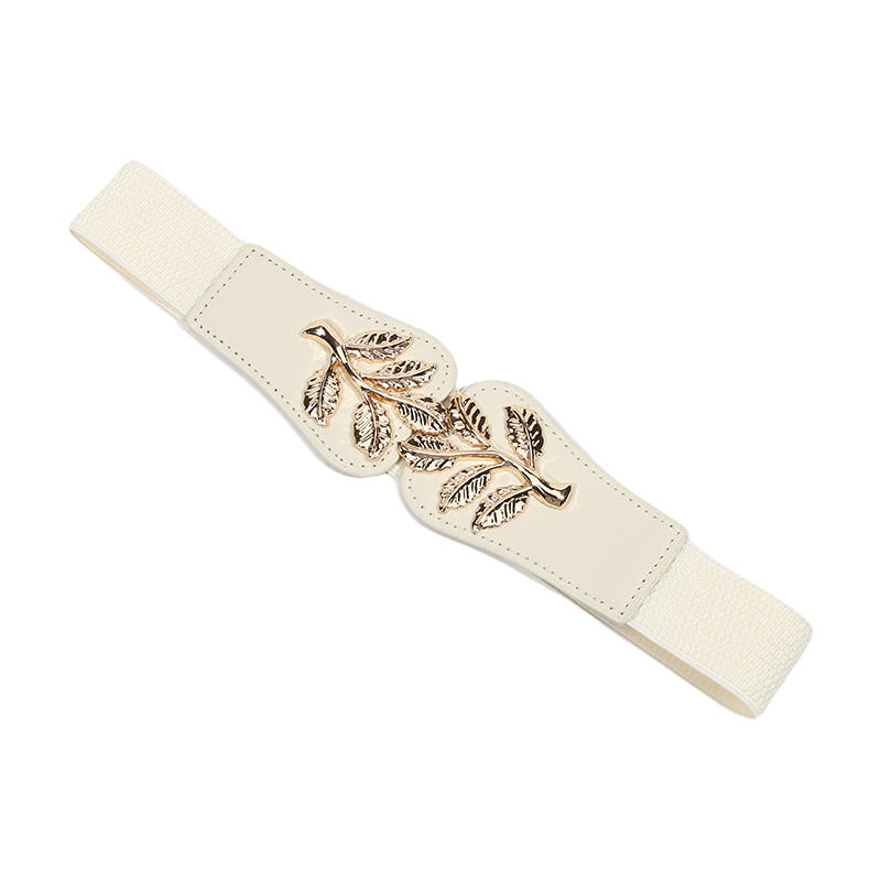 Women's Waist Belts Retro Waistband Golden Leaf Elastic Waist Closure with Double Hook Buckle Wide Belt Fashion Elegant Women Belt for Skirt
