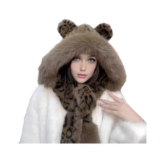 Winter Hat Leopard Print Imitation Fox Fur Windproof Hat Cold Weather Warm Ear Protection
