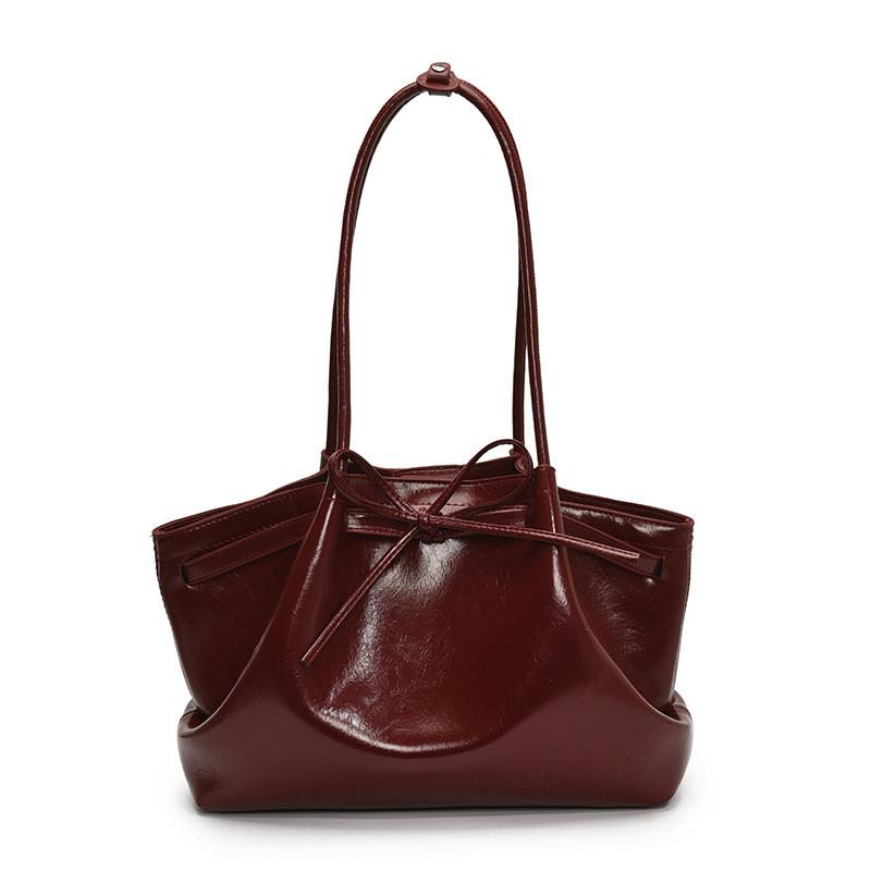 Color Solid Simple Bow Decoration Pleated Design Women Casual Shoulder Bag Tote