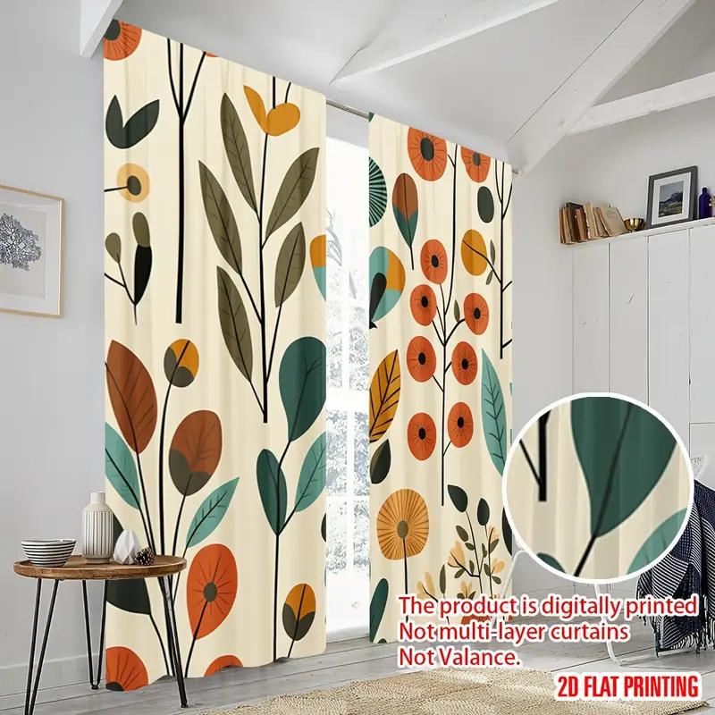2pcs Retro Floral Leaf Printed Curtains, Designed for Light Filtering, Quality Material, Ideal for Daily Home Window Decoration,
