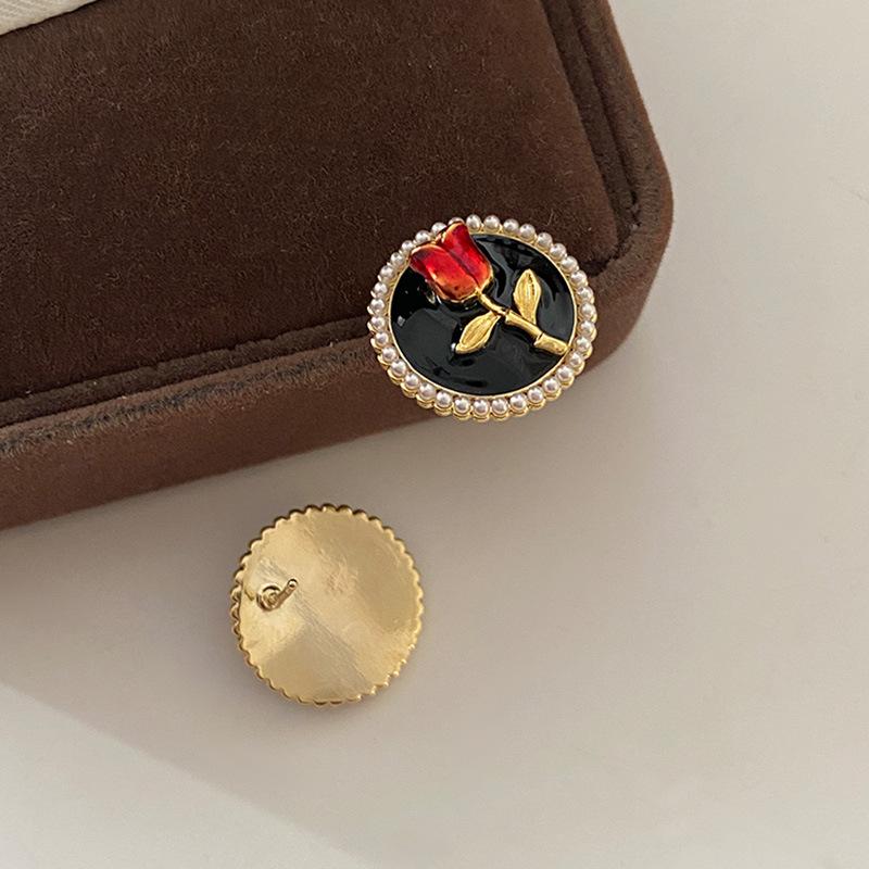 Ankara Red Rose Flower Stud Earrings French Retro Temperament Earrings Women'S Festive High-End Drip Glaze Hepburn Style Earrings