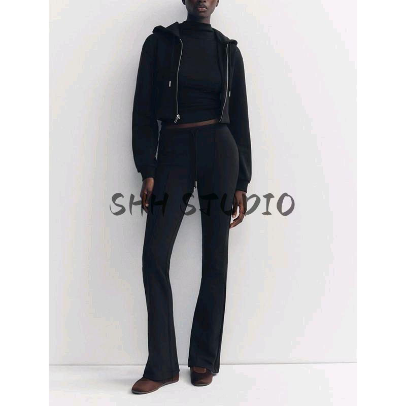 Spring New Arrival Women's Clothing Long Sleeves Hooded Short Sweatshirt 3641843 Double-Sided Cloth Stretch Sweatpants 3641845