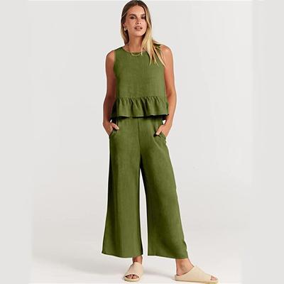 Women's Set Basic Sleeveless Round Neck Short Top Casual Wide Leg Pants Two Piece Set
