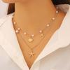 Double Layer Shell Pendant Necklace Lightweight Hypoallergenic Women Faux Pearl Starfish Charm Layered Chain Necklace Ocean Beach Neck Jewelry