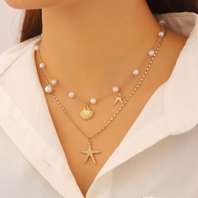 Yousheng Double Layer Shell Pendant Necklace Lightweight Hypoallergenic Women Faux Pearl Starfish Charm Layered Chain Necklace Ocean Beach Neck