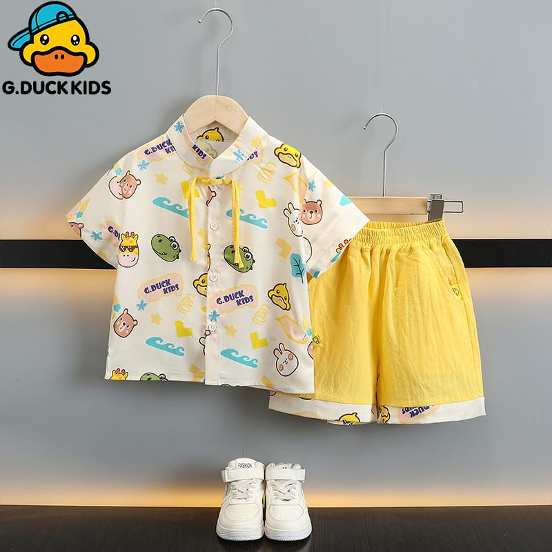 Adorable Cartoon Yellow Duck Boys Summer Outfit Set Stylish Cotton Two Piece