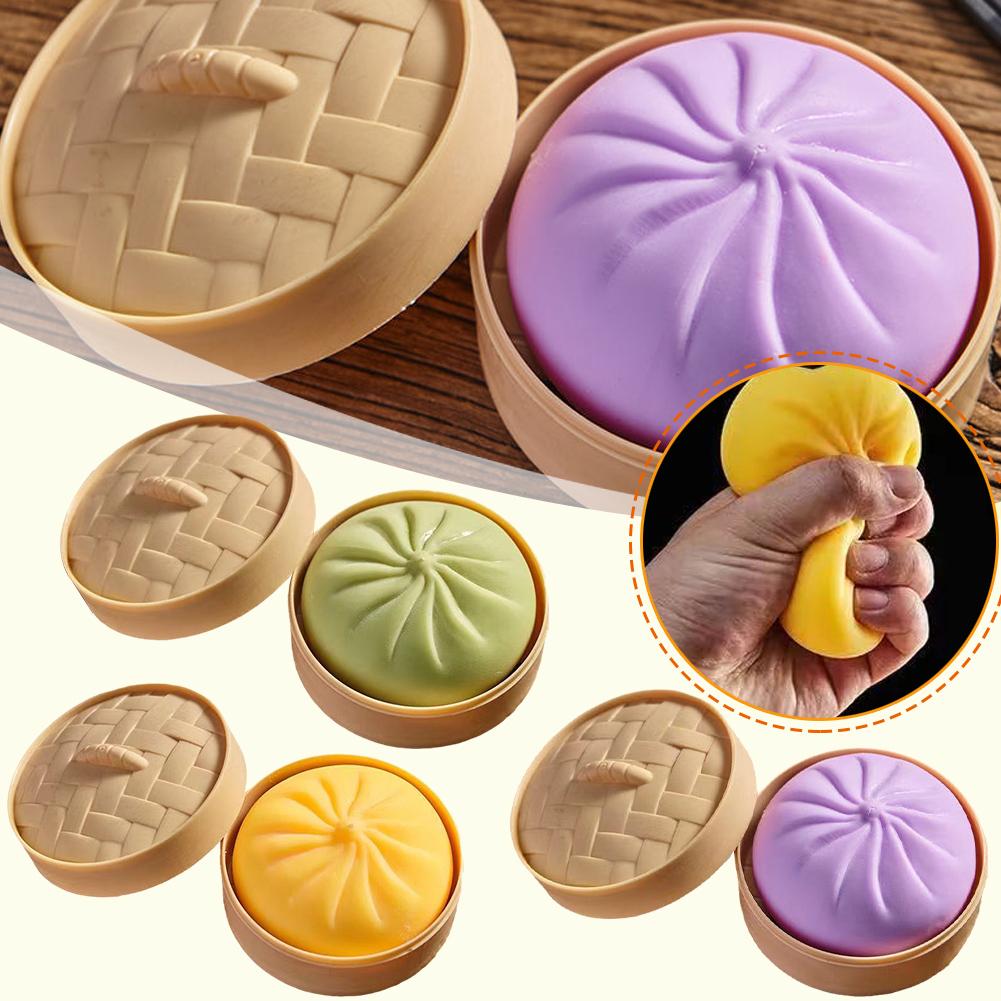 Bun Bao Sensory Fidget Toy Simulation Steamed Bun Stress Toys with Steamer Container Box Toys F T1U5