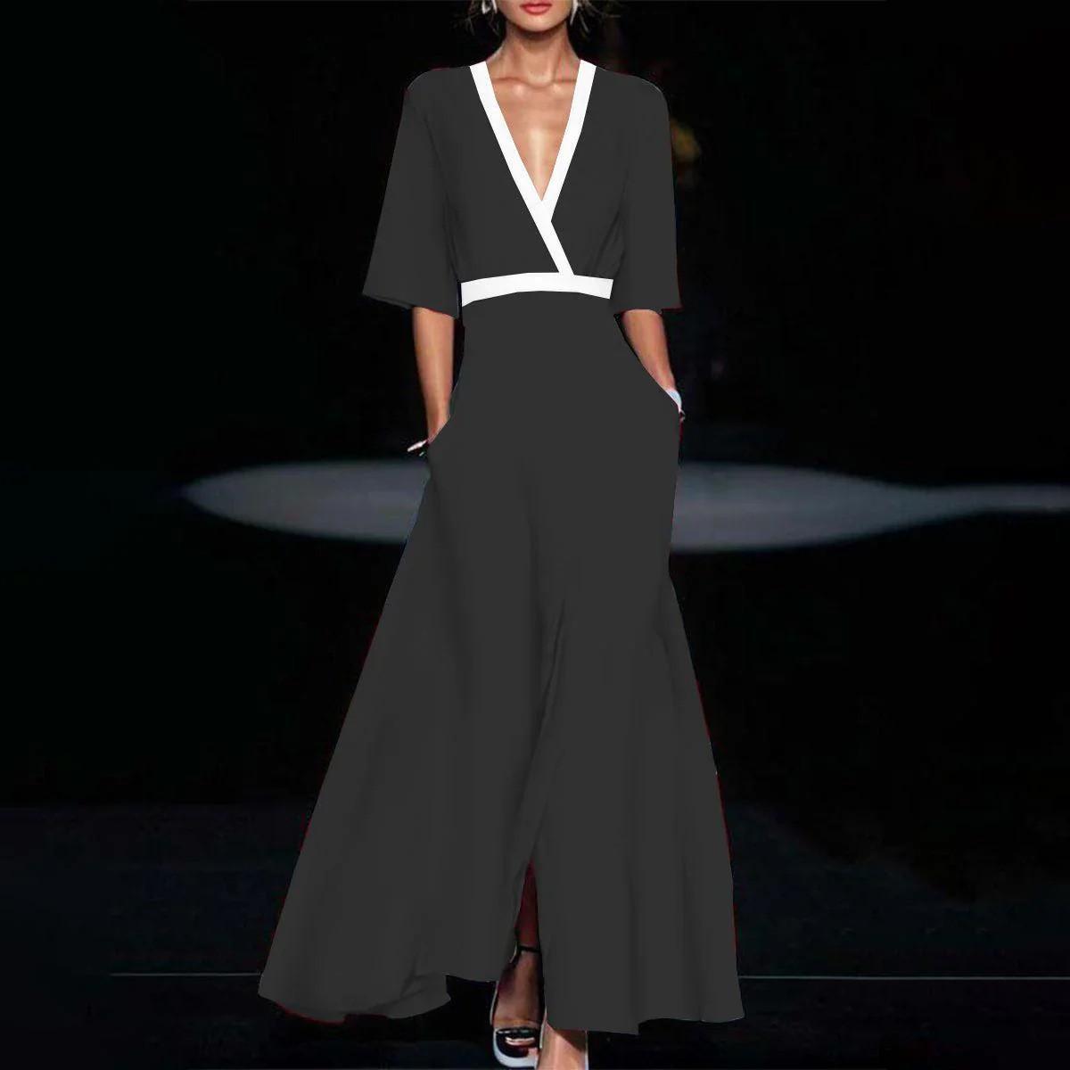 

New European and American women s clothing fashion and elegance temperament V-neck printing pleated large skirt long dress 3XL