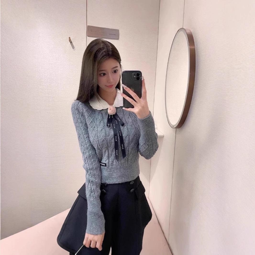 

2024 Autumn/Winter Korean Bow Lapel Slim Knitwear Women s Top One Size