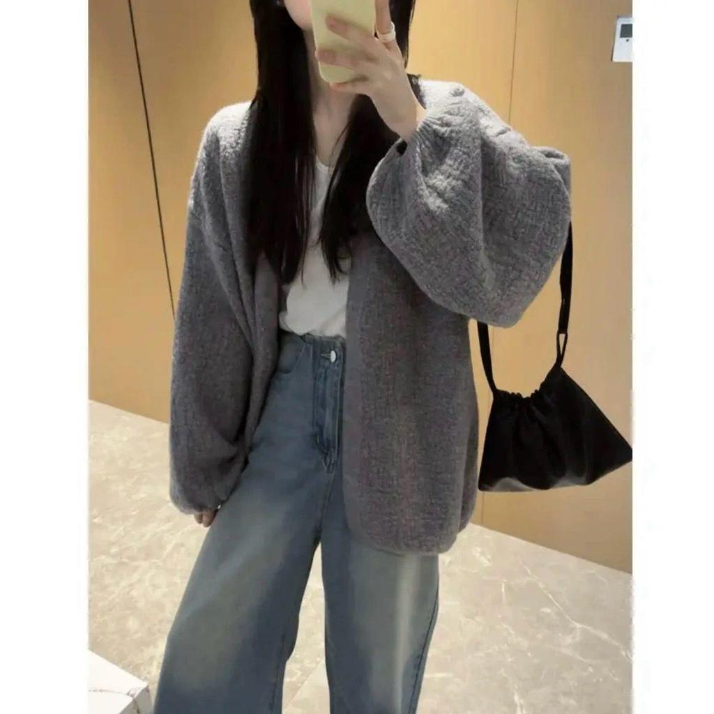 New 2025 Bark Texture Puff Sleeve Knit Cardigan - Spring/Autumn Loose Fit