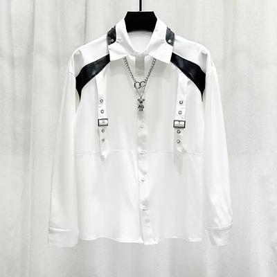 Men's Spring/Fall Long-Sleeve Patchwork Shirt Distinctive Relaxed Fit Square Neck Button Down Shirt