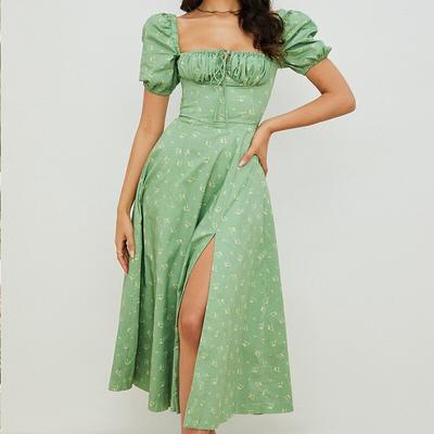 Sommerkleid mit Blumenmuster, hoher Taille, einer Schulter, modischem Puffärmeln und Blumenmuster, elegantes langes Kleid mit Schnürung und Schlitz 26212