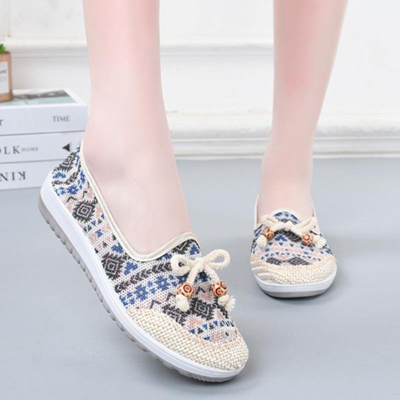 Trendy Ethnic Style Single Shoes 2026 New Mesh Breathable Flat Bottom Comfortable Soft Sole Women's Casual Vulcanized Shoes