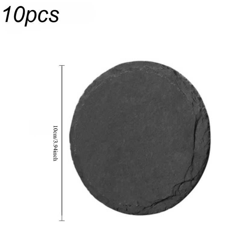 10pcs  Black Slate Stone Round / Square Coasters, for Drinks, Bar, Kitchen, Home, Natural Slate, Simple and Non-slip, Practical