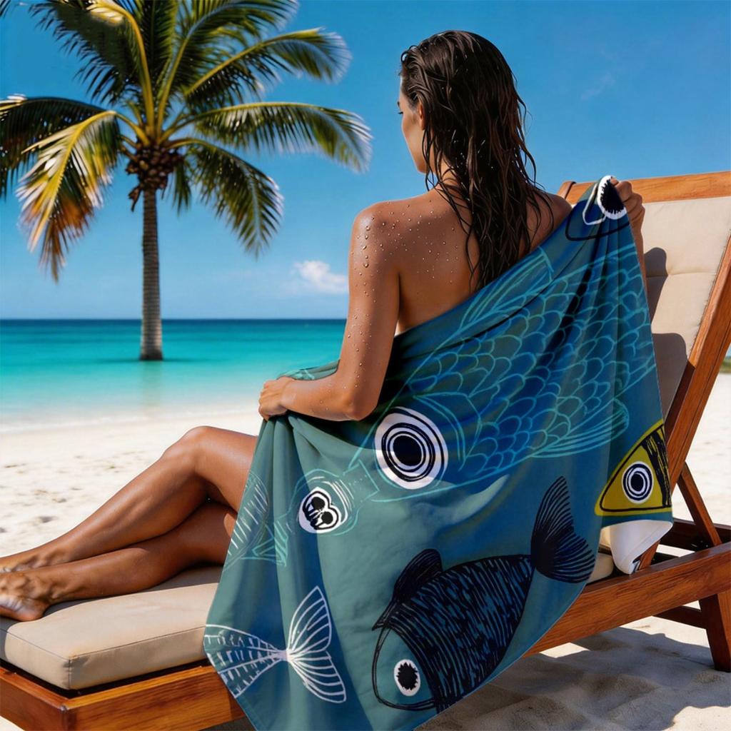 Marine Ocean Fish 2D Flat Printed Microfiber Beach Towel Sandproof Waterproof Surf Summer Holiday Swim Pool Bath Mat