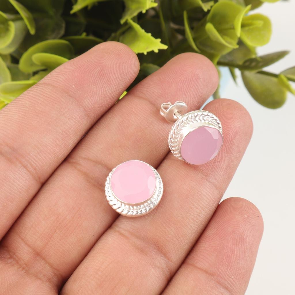 Rose Chalcedony Gemstone 925 Stamped Silver Jewelry Handmade Stud Earrings 0.53" EE-147-15