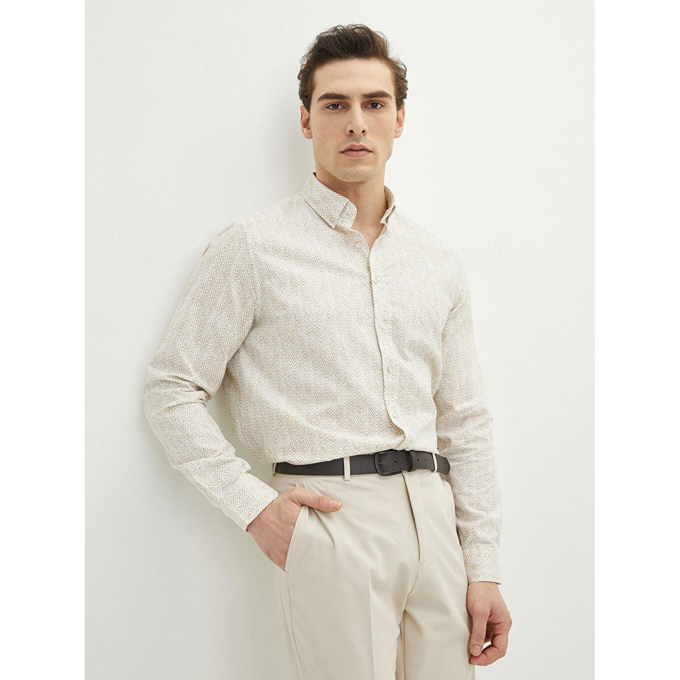 

LCW CLASSIC Обычный крой с длинными рукавами Оксфордская рубашка с узором Бежевая