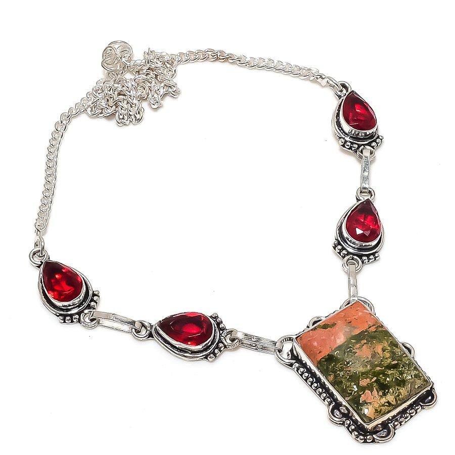Natural Unakite, Garnet Gemstone 925 Sterling Silver Jewelry Necklace 18" S2C49
