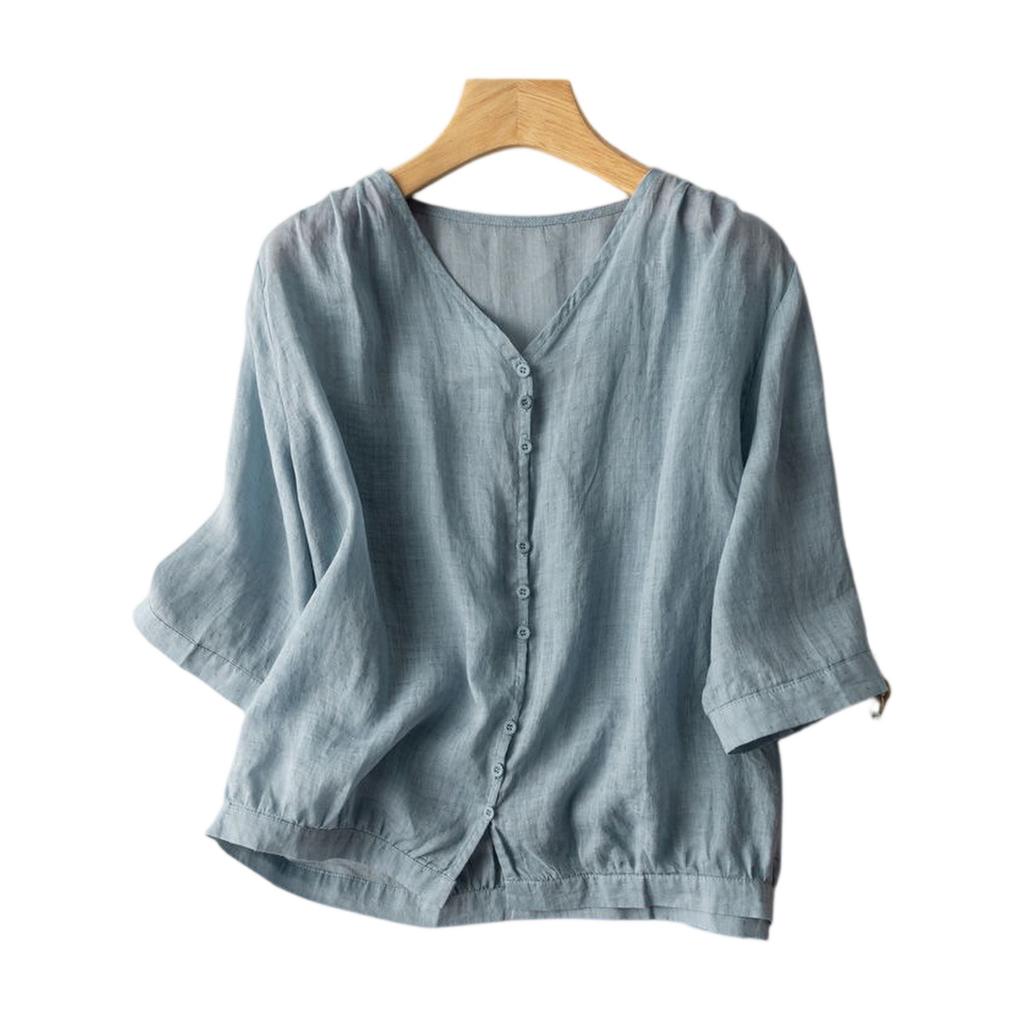 Damen Oberteil im Vintage-Stil, lockere Passform, Baumwoll-Leinen-Mischung, V-Ausschnitt, ärmellang