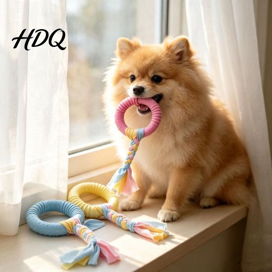 Physical Exercise Toys for Dogs Dog Tug-of-War Toy Rubber Ring with Braided Cloth Strips Interactive Teeth Cleaning Chew Toy Small to Medium