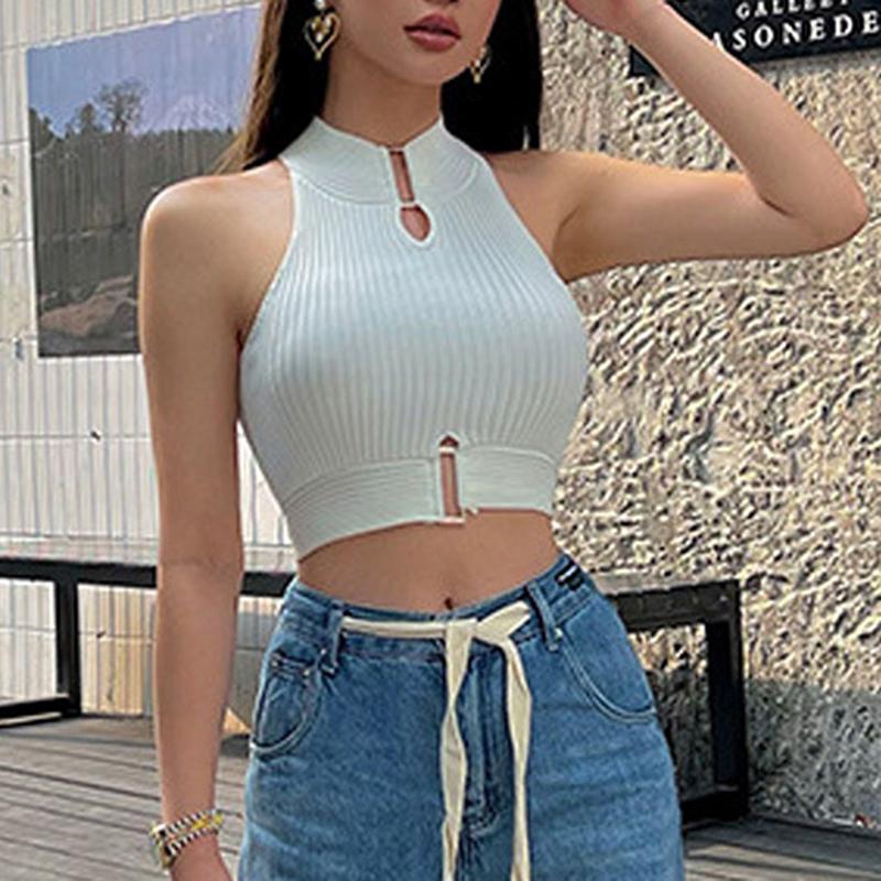 Kvinner Mote Strikket Underskjorte Topper Sommer High Neck Tank Tops Utvendig Bruk Kort Liten Underskjorte