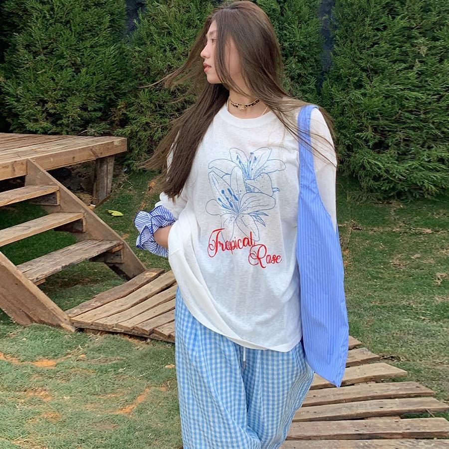 Lazy wind long-sleeved t-shirt women's 2026 new popular summer blouse front shoulder loose design chic Korean top