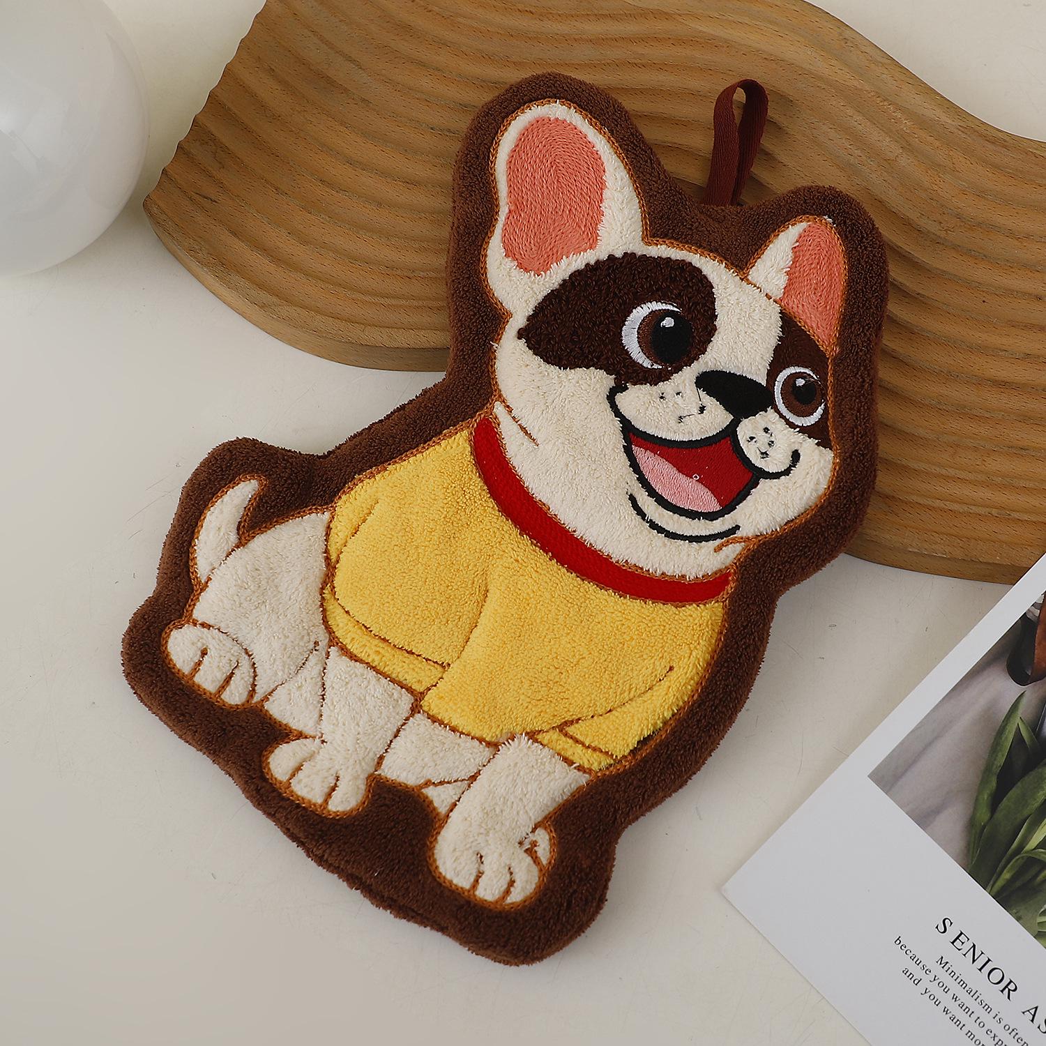 Adorable French Bulldog Wall-Mounted Coral Fleece Hand Towel for Kitchen & Bathroom