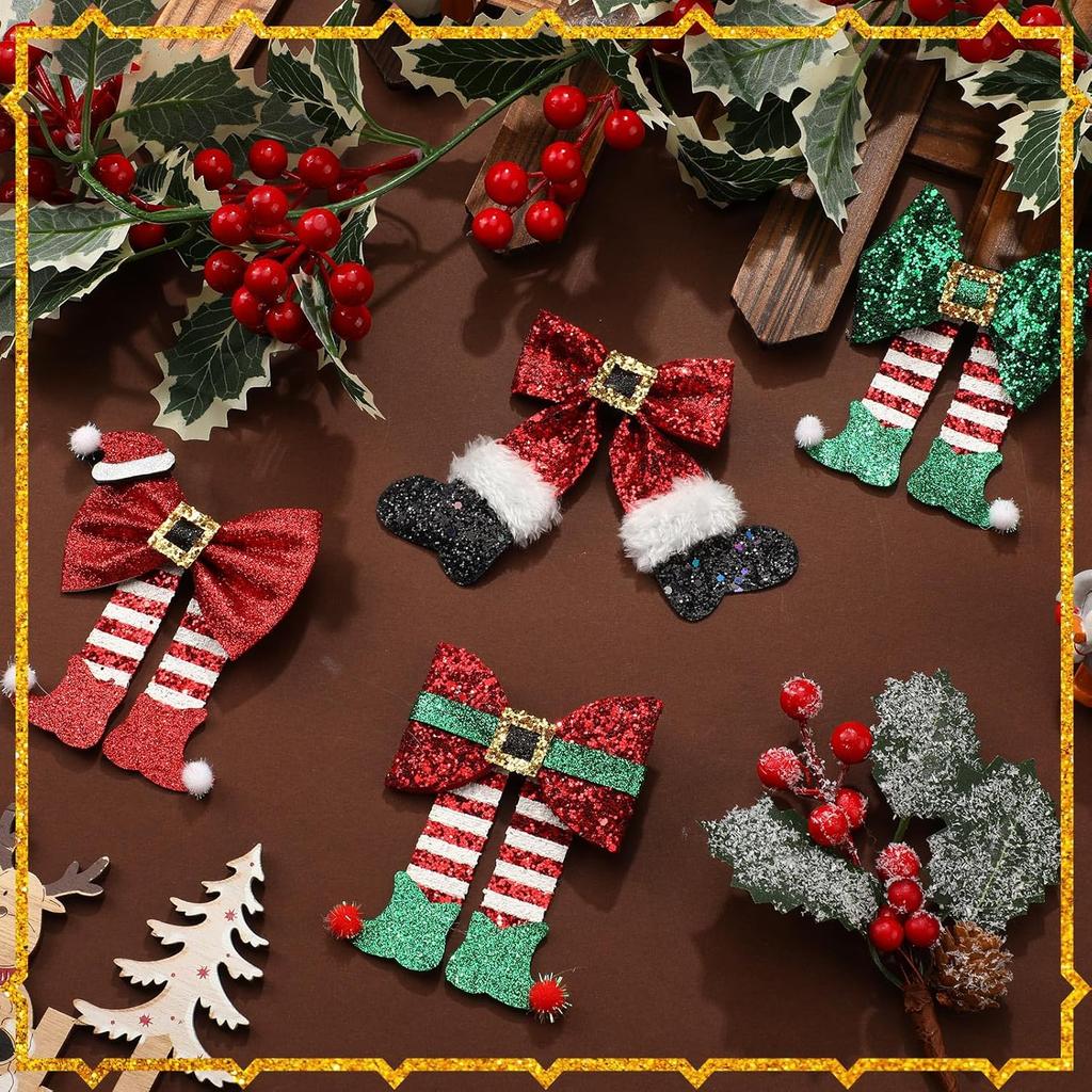 Glitter Xmas Hair Clips: Elegant Bow with Golden Accents. Perfect for Holiday Parties & Festive Celebrations! 