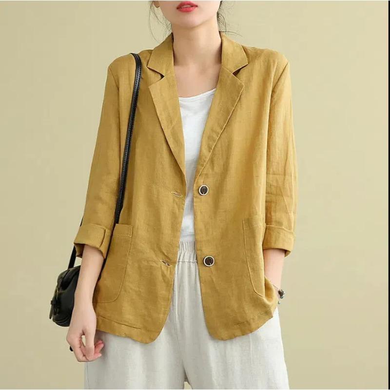 Fashion Casual Cotton and Linen Women Jacket Small Suits 2025 Spring Summer New Loose Long Sleeve Office Blouse Sunscreen Shirt Woman Pockets Clothing