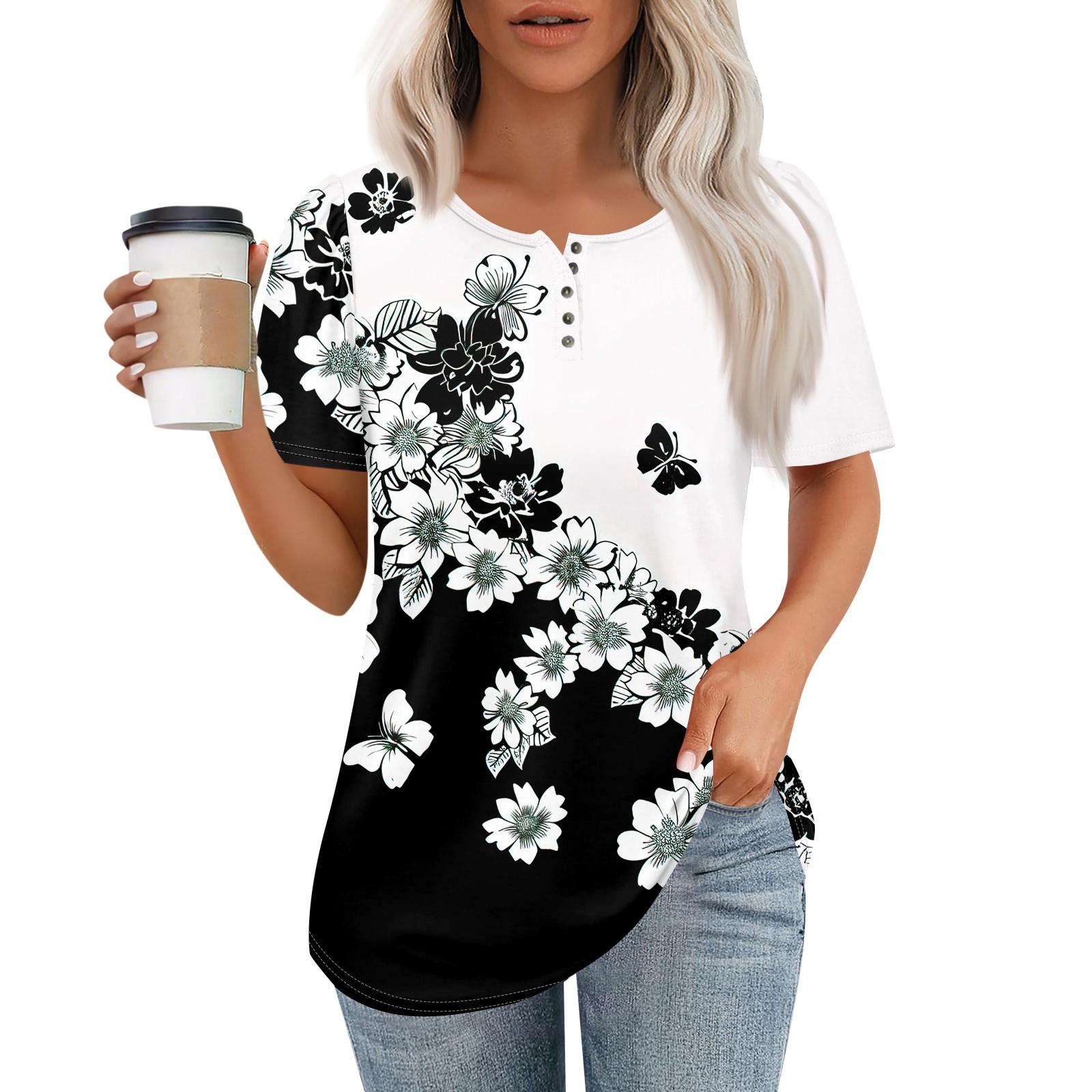 

Женский модный повседневный короткий рукав пуловер с принтом на пуговицах и круглым вырезом XL чёрный