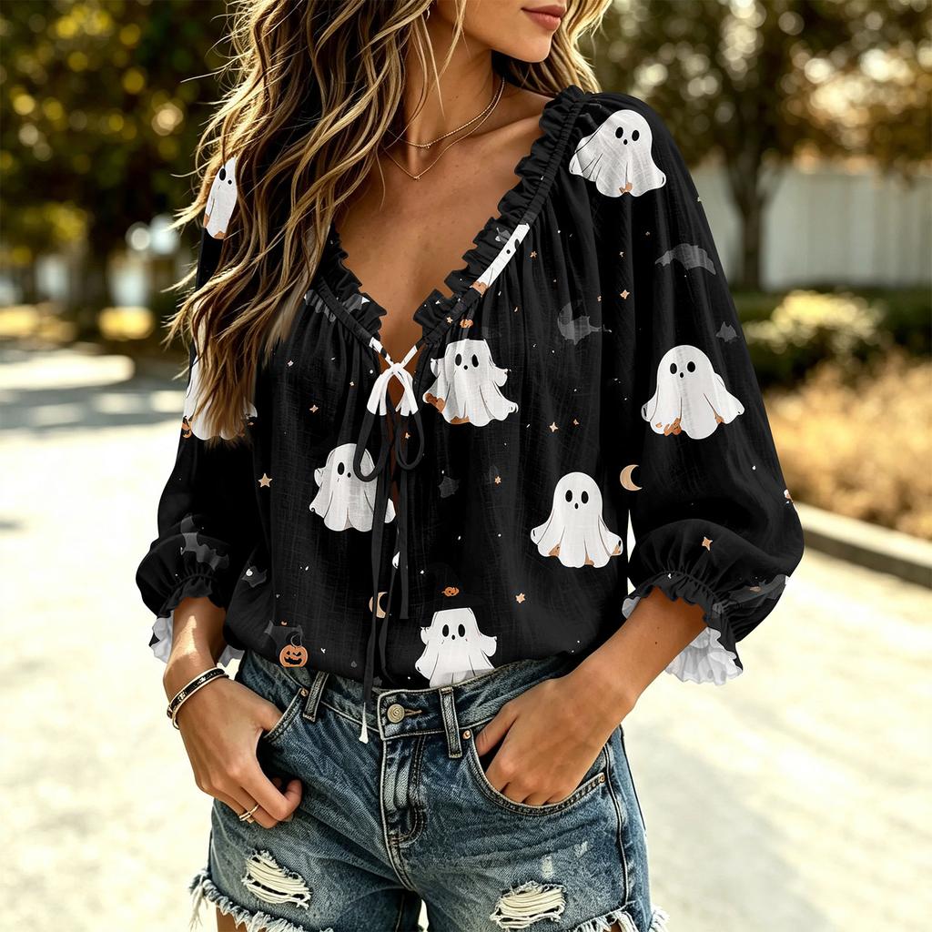 Women's Halloween Print V-Neck Ruffle Tie-Front Blouse with for Party
