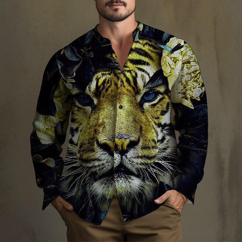 Tiger, Flower Pattern Long Sleeve Shirt Men's Spring and Autumn Trend Loose Casual Shirt Men's Autumn Clothing MB12