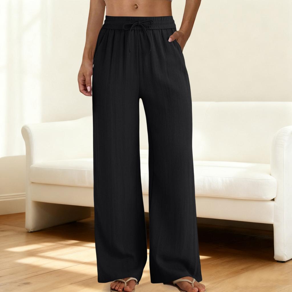 Wide Leg Pants for Women Flowy  Drawstring Elastic Waist Trousers with Pockets Summer Beach Vacation Clothes